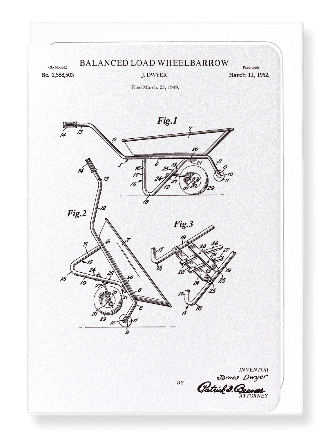 Ezen Designs - Patent of wheelbarrow (1952) - Greeting Card - Front