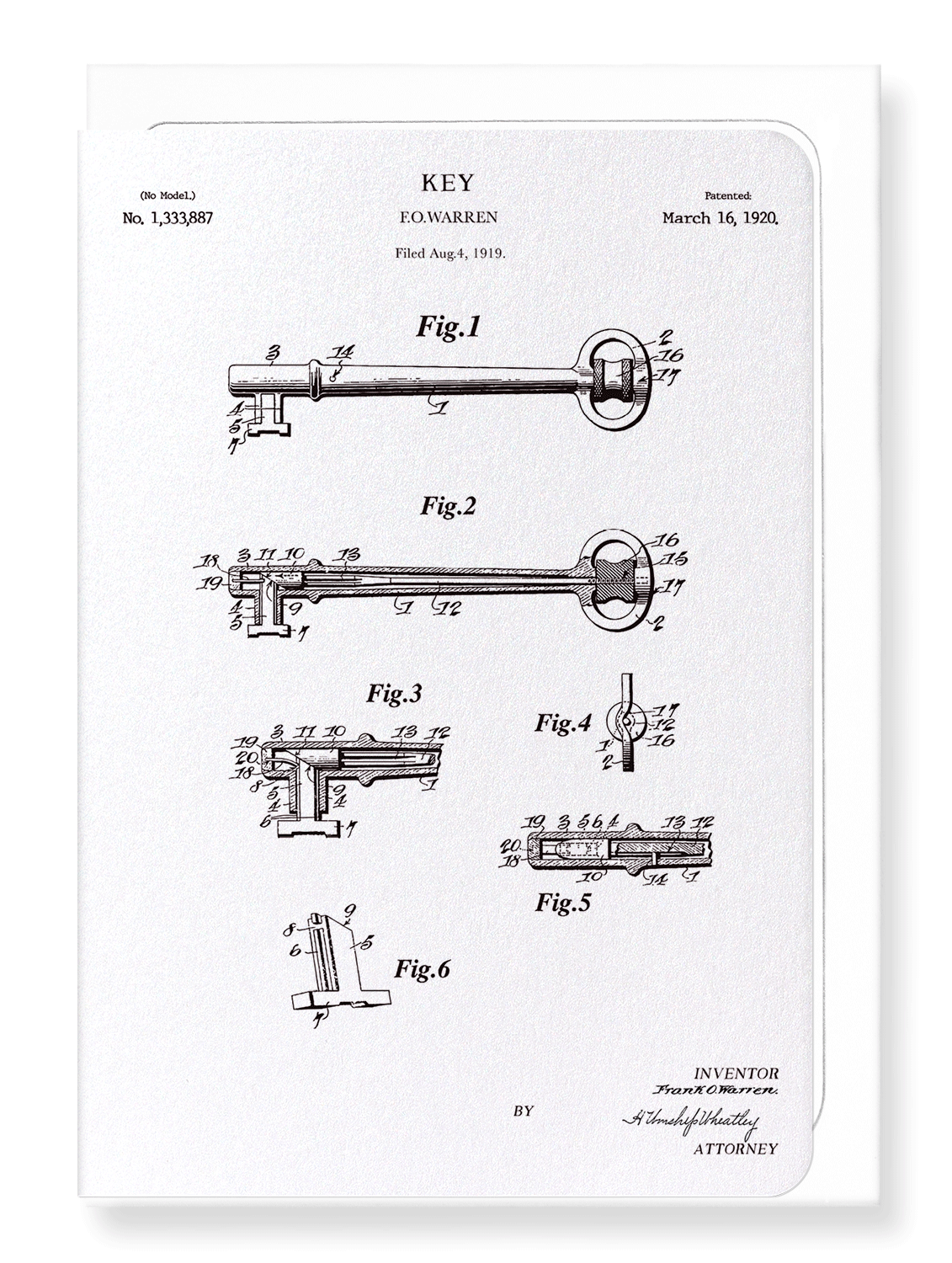 Ezen Designs - Patent of key (1920) - Greeting Card - Front