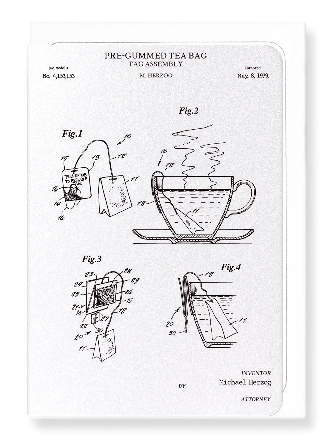 Ezen Designs - Patent of pre-gummed tea bag (1979) - Greeting Card - Front