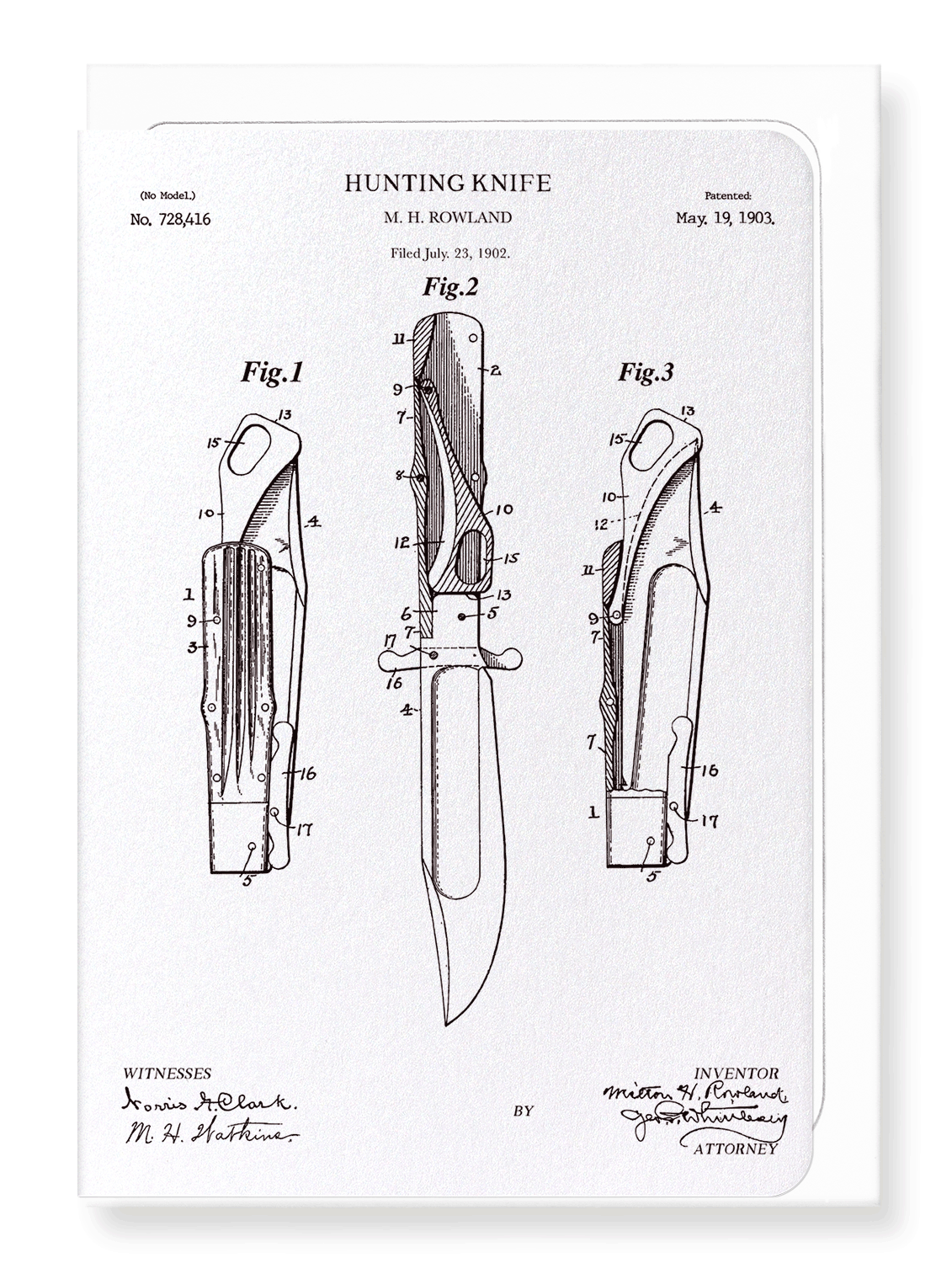 Ezen Designs - Patent of hunting knife (1903) - Greeting Card - Front
